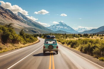 A car driving through a dense forest with tall trees lining the road, sunlight filtering through the leaves, creating a peaceful and serene atmosphere.