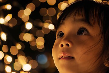 Fototapeta premium A close-up of a child's face illuminated by the lights, eyes wide with amazement and joy.