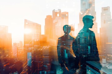 City and business teamwork concept with double exposure effect
