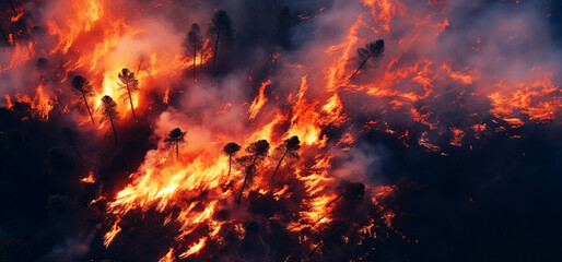 Flames of a forest fire. Burning dry grass and bushes, panoramic layout. Generative Ai