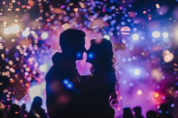 A close-up of a couple enjoying a live music performance, with confetti falling and lights flashing around them.