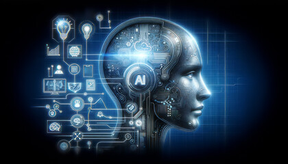 A digital illustration of a humanoid AI head with tech elements on a dark blue background, depicting the concept of artificial intelligence. Generative AI