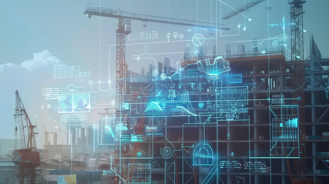 A construction site with multiple cranes and a digital HUD overlay.