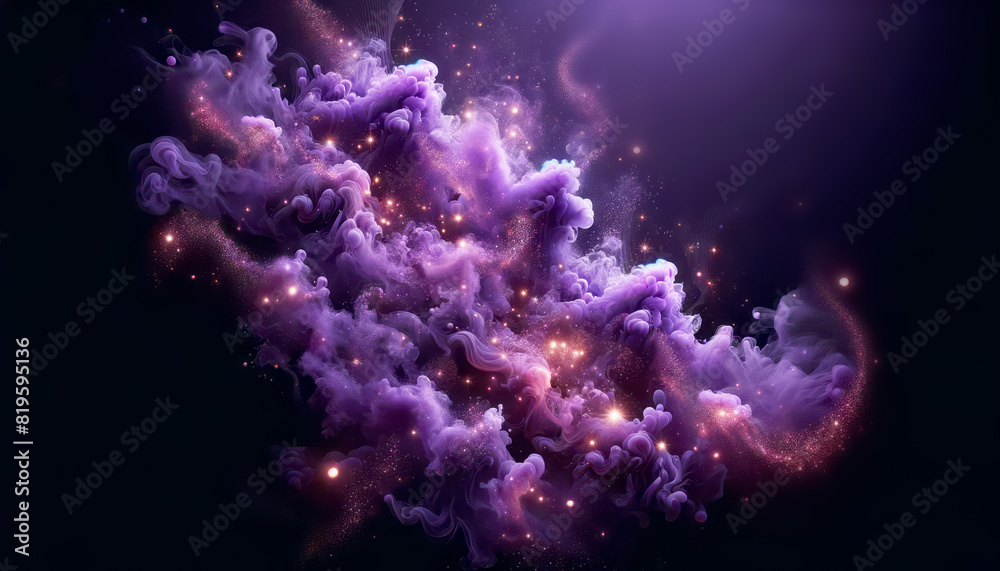 Poster Cosmic nebula-like clouds with sparkles on a dark space background, embodying a concept of creativity. Generative AI