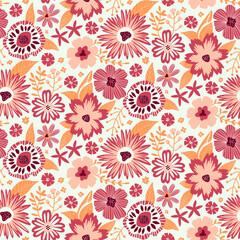 Floral Seamless Half Drop Pattern with Fantasy Leaves and Flowers in Amaranth, Peach Pink on White. Repeat Wallpaper Print Texture. Perfectly for Scrapbook Craft Paper, Textile, Fabric, Gift Wraps.