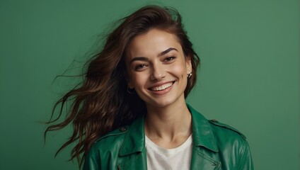 Happy woman with trendy style against green background