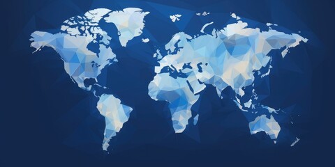 Digital art of stylized low-poly world map in shades of blue. World map icon with blue color show continent and country. Abstract representation for global connectivity and geography theme. AIG35.