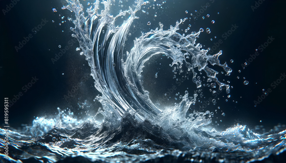 Poster A dynamic splash of water forming a twisting wave on a dark background, symbolizing energy and fluidity. Generative AI