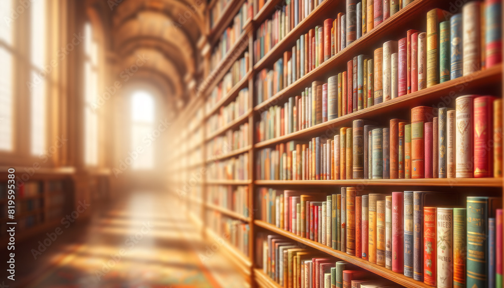 Poster a bookshelf filled with colorful spines in a well-lit library, background has warm sunlight, concept
