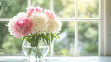 A clear glass vase holding pink and white peonies, set on a pristine white table by a bright white window. AI generated