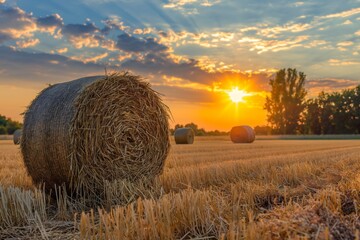 A captivating view of a hay field at sunset, where the light of the sinking sun enhances the golden tones of the hay bales. AI generated