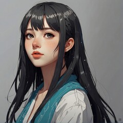 Cute black haired curious anime girl with wondering expression