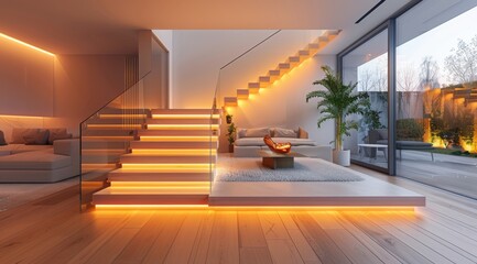 Staircase design with glass balustrades and wooden steps, illuminated with warm LED lights for an...