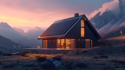 A minimalist house with sleek, black solar panels on the roof, illuminated by the warm glow of the setting sun. 8k, realistic, full ultra HD, high resolution and cinematic photography