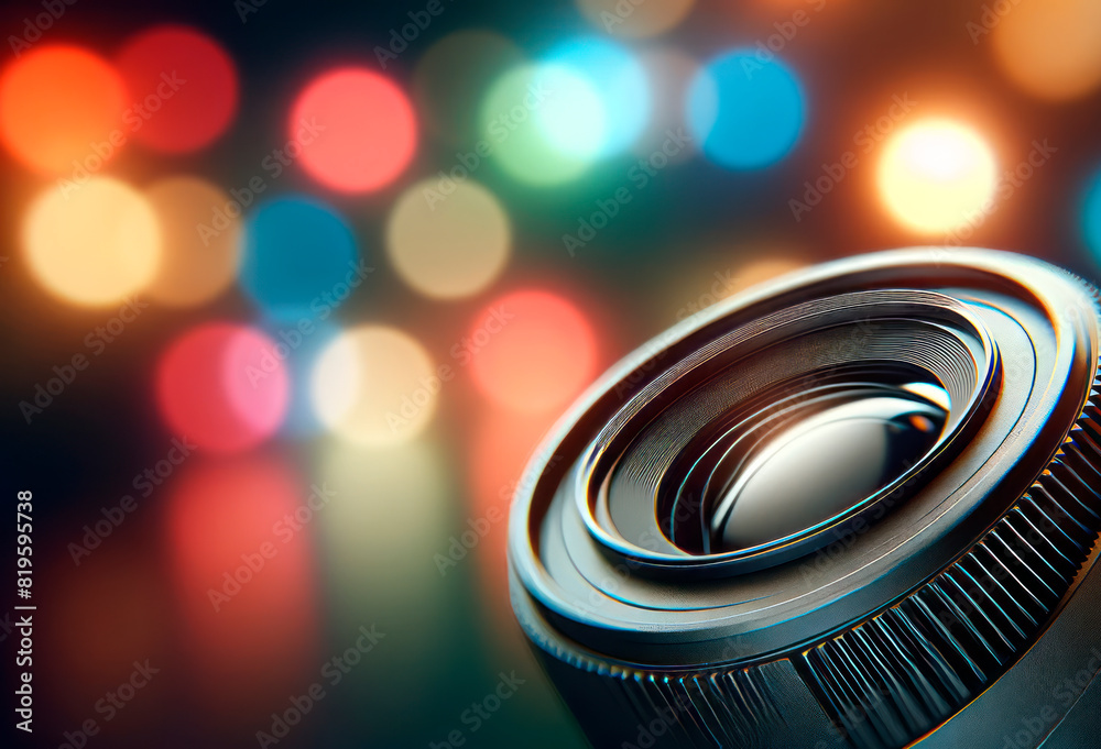 Poster close-up of a camera lens with a colorful bokeh light background, symbolizing creative photography. 