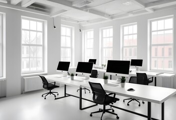 Realistic White coworking interior with PCs on tables near the window. Mockup wall