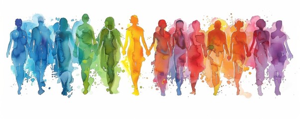 Watercolor Illustration of people holding hands in rainbow colors, standing together and showing diversity with white background