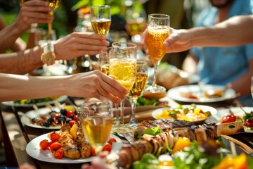 A festive barbecue party with friends toasting with drinks, a table laden with grilled food, salads, and condiments, and a grillmaster tending to the barbecue.