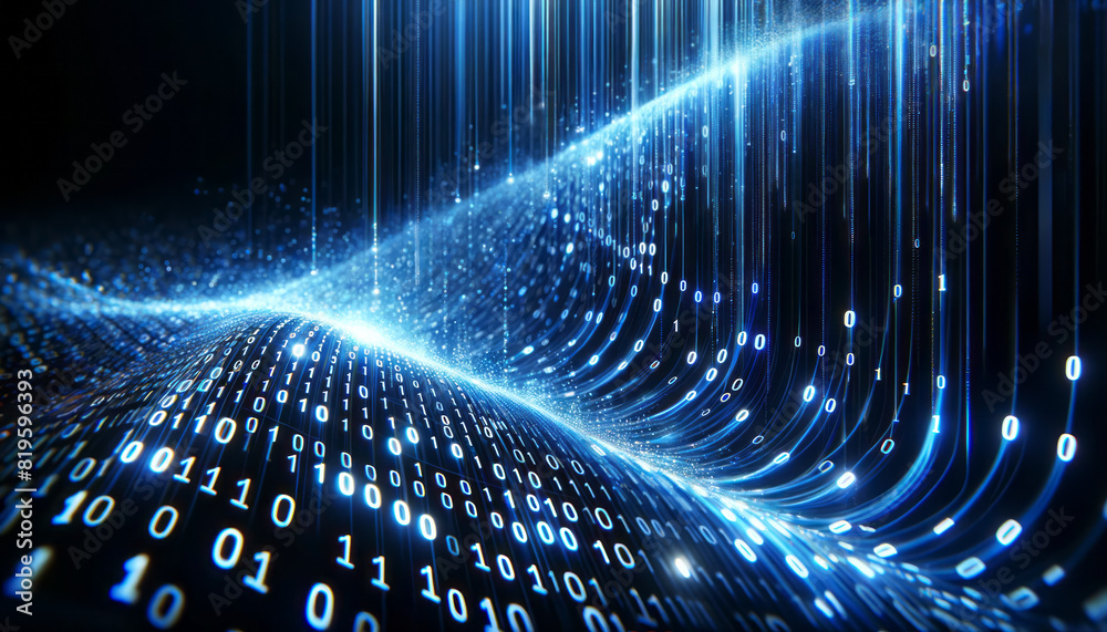 Poster A digital abstract image of binary code streams flowing, set against a dark background, symbolizing data transmission. Generative AI
