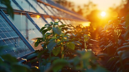 A modern greenhouse with solar panel roofing, glowing under the gentle light of dawn, surrounded by thriving plants. 8k, realistic, full ultra HD, high resolution and cinematic photography