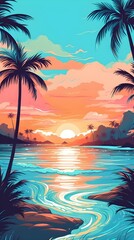 miami colors on a beach with palm trees and a sunset