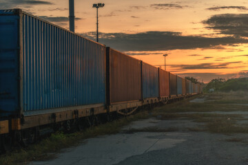 Many containers are on trains that move on rails according to the rail transportation concept and...
