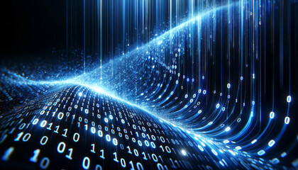 A digital abstract image of binary code streams flowing, set against a dark background, symbolizing data transmission. Generative AI