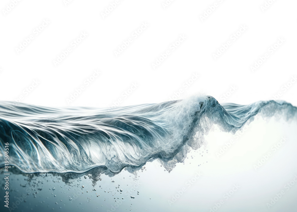 Poster a dynamic wave of water captured in motion, set against a white background, illustrating the concept