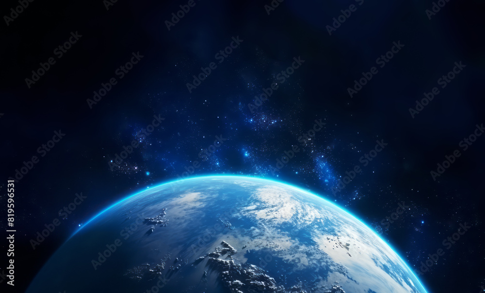 Poster Earth viewed from space with a starry dark background, showcasing the concept of exploration. Generative AI