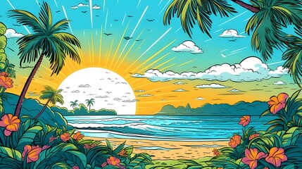 beach with palm trees vector illustration