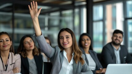 Fototapeta premium a female executive raising her hand to volunteer 