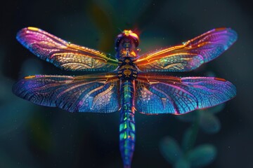 3d render of dragonfly with neon rainbow color wings, macro photography, dark background,...