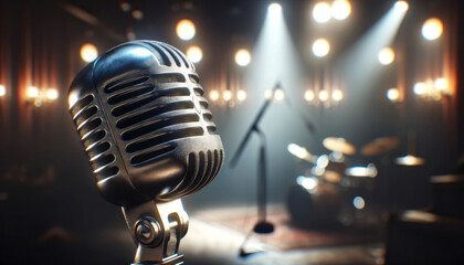 Vintage microphone close-up with bright stage lights in background, music performance concept. Generative AI