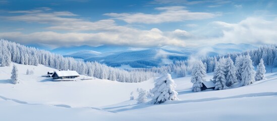 Mountain cabin nestled among snow-clad peaks