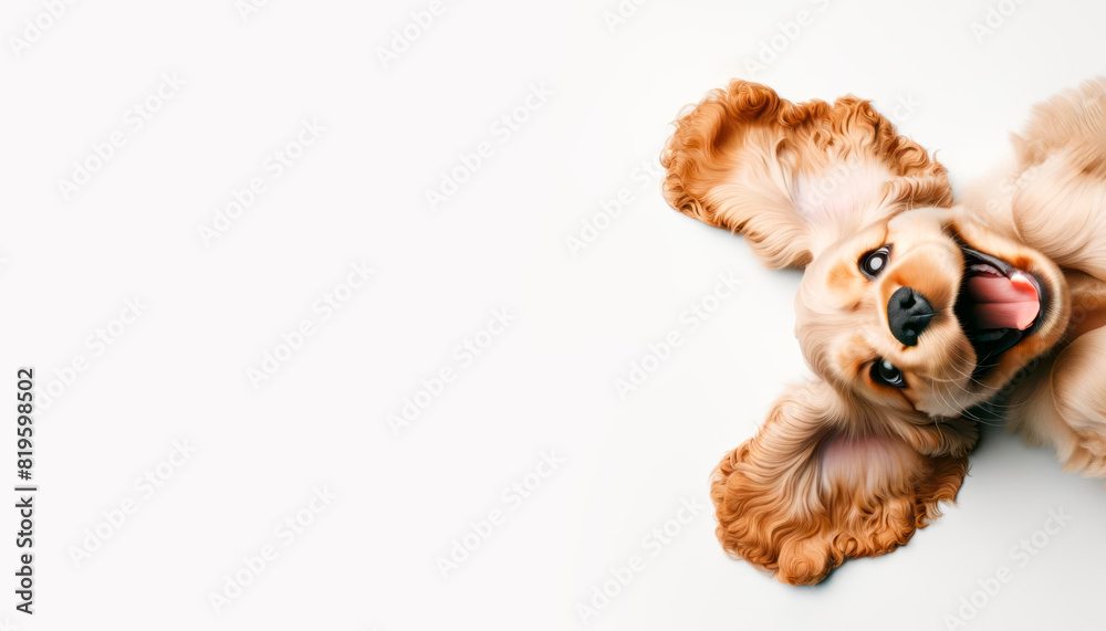 Poster an illustrated playful cocker spaniel puppy lying on its back, digital artwork on a white background