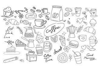 doodle coffee time set vector drawn wallpaper cartoon