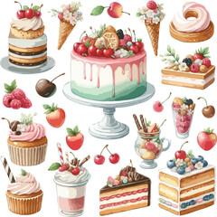 set of Bakery watercolor clipart cake and desserts Sweet 