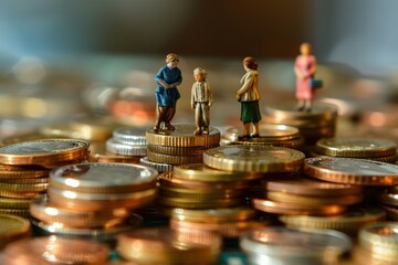 Miniature people with a pile of coins. The concept of women's economic inequality.