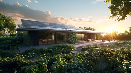 A sleek, modern home with a large array of solar panels on the flat roof, surrounded by greenery under a clear sky. 8k, realistic, full ultra HD, high resolution and cinematic photography