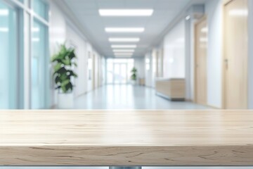 Wood table in contemporary hospital stylish interior with empty copy space on the table for product display mockup. Medical and healthcare concept