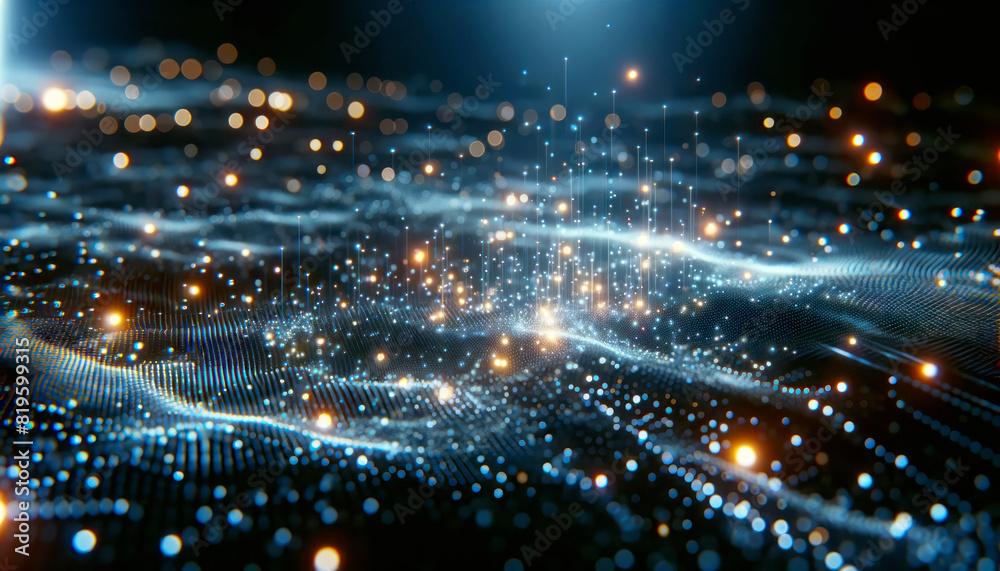 Poster Glowing digital network particles and lines on a dark blue background, representing connectivity and technology. Creative concept. Generative AI