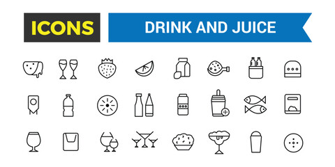 Drink and Juice icon set. Outline icons pack. Editable vector icon and illustration.
