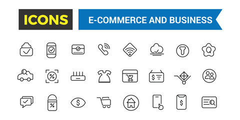 E-commerce and business icon set. Online shopping and delivery elements line icon set. Outline icons pack. Editable vector icon and illustration.