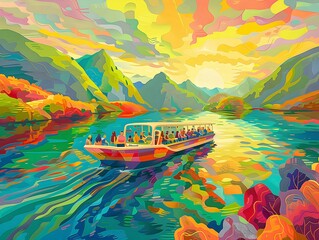 Joyful Tourists Experience a Vibrant Boat Ride on a Glistening Lake amidst Verdant Hills