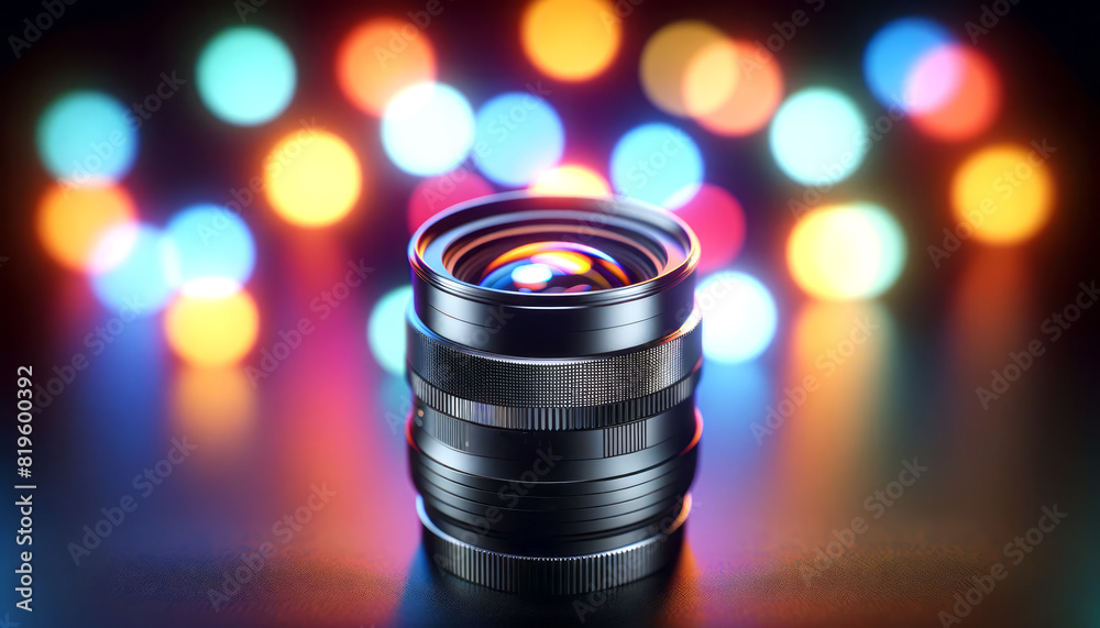 Poster Close-up of a camera lens with colorful bokeh lights in the background, illustrating a photography concept. Generative AI