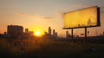 / As the first light of dawn breaks over the city, a billboard emerges from the shadows, its pristine surface catching the golden hues of morning. 