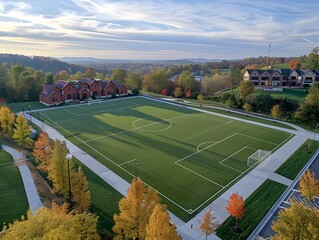 Scenic Autumn Soccer Field Surrounded by Colorful Foliage
