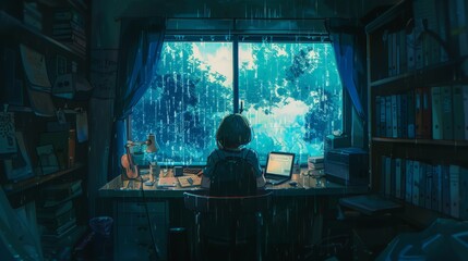Lofi Girl studying at her desk. Rain ourside, beautiful chill, atmospheric wallpaper. 4K background. lo-fi, hip-hop style. Anime manga style 