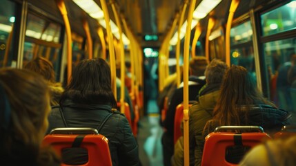 Adult people sit on the bus and go home in the evening or to work in the morning. Crowded public transport. Passengers inside the car. Daily routine. The fare is rising. City life.