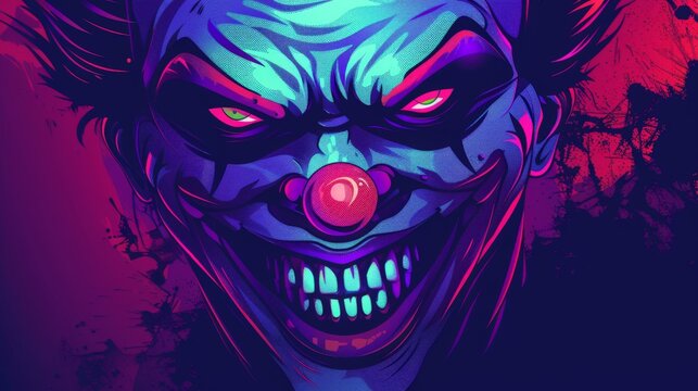 Mad crazy jester. Vector illustration of scary clown. Horror circus head. Cartoon design of creepy smile. Funny spooky man in a mask costume. Joker with angry look. Evil hand drawn halloween character